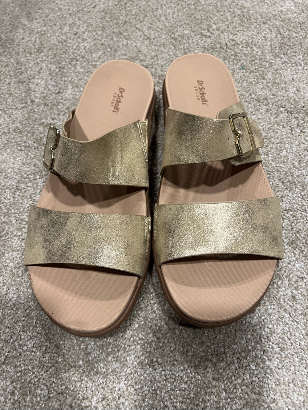 Dr. Scholl's Metallic Gold Double-Strap Buckle Slide Sandals